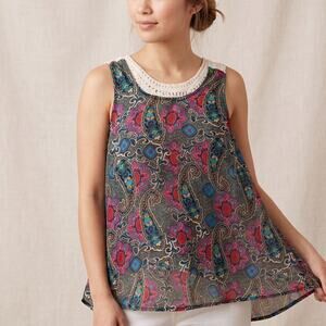 Self Contrast Women's Tank Top Paisley Crochet Back Boho High Low XS